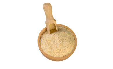 breadcrumbs in wooden bowl and scoop isolated on white background. nutrition. bio. natural food ingredient.top view.