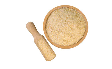 breadcrumbs in wooden bowl and scoop isolated on white background. nutrition. bio. natural food ingredient.top view.