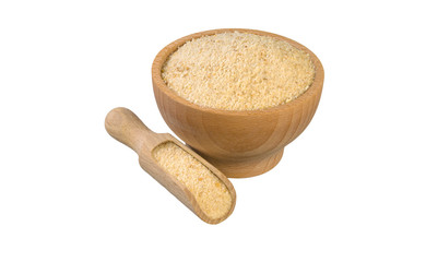 breadcrumbs in wooden bowl and scoop isolated on white background. nutrition. bio. natural food ingredient.