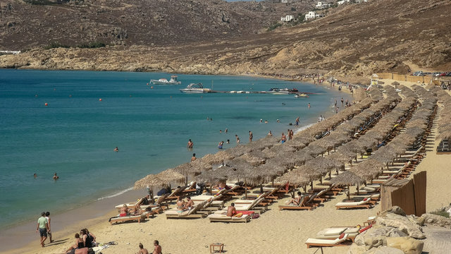 Wide Shot Of The Popular Elia Beach On Mykonos