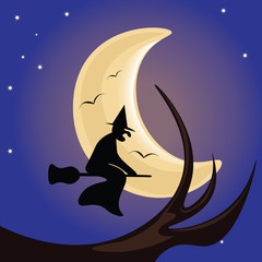 Naklejka na ściany i meble A vector illustration of a witch silhouette . Flying on a broomstick