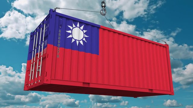 Loading cargo container with flag of Taiwan. Taiwanese import or export related conceptual 3D animation