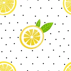 Photo sur Plexiglas Citrons Modèle sans couture avec des citrons sur fond blanc à pois.