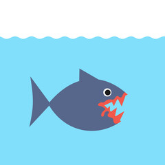 Piranha / pirana and carnivorous fish in the water. Dangerous animal predator has blood over mouth after attack and killing. Vector illustration
