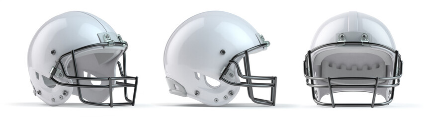 Satz weiße American Football-Helme isoliert auf weißem Hintergrund.