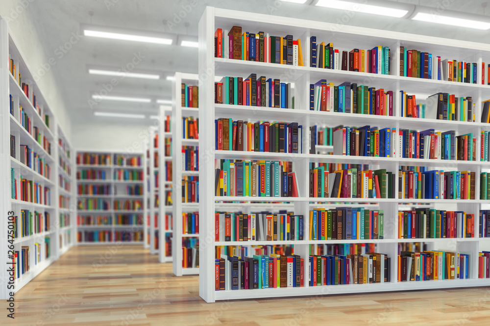 Poster library. background from white bookshelves with books and textbooks. learning and education concept.