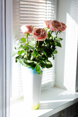 Ranunkuluses in a vase on the window with  shutter