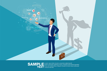 Isometric the Winner. Concept businessman his shadow is superhero and dollar  symbol.Business vector illustration.