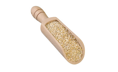 fine ground barley in wooden scoop isolated on white background. nutrition. bio. natural food ingredient.