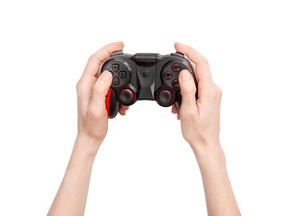 Hands holding gamepad. Isolated on white.