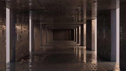 Dark tiles blank room interior glossy and lighting backdrop, 3d rendering.