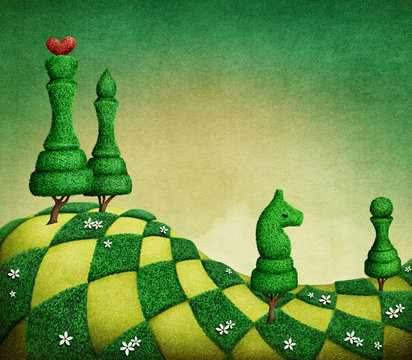 Fantasy green chess background with topiary figures in the form of chess. 