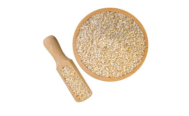 fine ground barley in wooden bowl and scoop isolated on white background. nutrition. bio. natural food ingredient.top view.