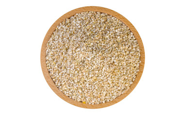 fine ground barley in wooden bowl isolated on white background. nutrition. food ingredient.top view.