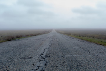 Fototapeta na wymiar Wide old road in the foggy steppe