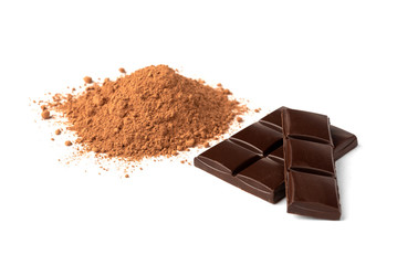 Chocolate bar and cocoa isolated on white background. 