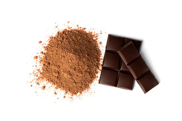 Chocolate bar and cocoa isolated on white background. 
