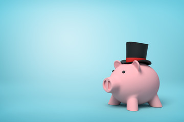 3d front close-up rendering of pink piggy bank wearing black top hat with red ribbon on light-blue background.