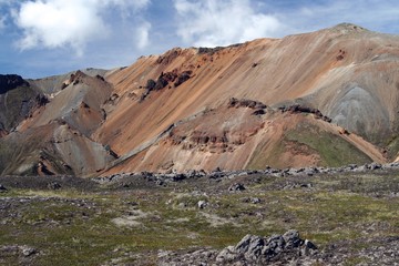 Hiking along a bizarr sharp colorful rock formation at Landmannalaugar, Iceland