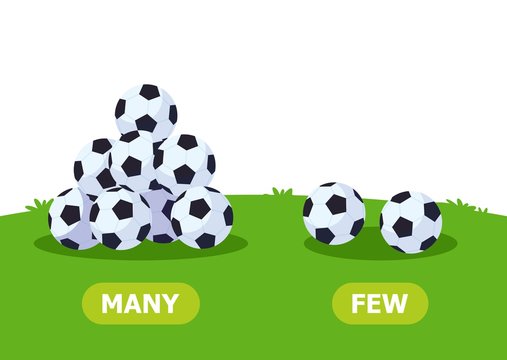 Illustration of opposites. Lots and few soccer balls..Card for teaching aid, for a foreign language learning. Vector illustration on white background..