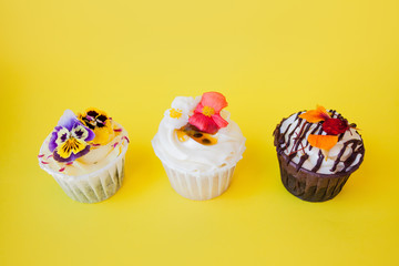 set of delicious cupcakes with different fillings and cream. Three muffin's with cream
