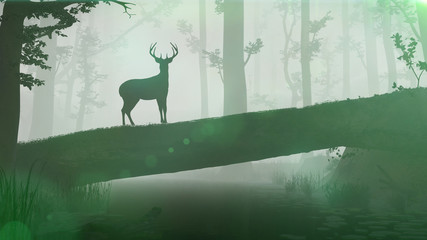 deer standing on fallen tree bridge, misty fantasy landscape