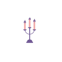 Three tall burning candles on a candlestick. Illusion on an isolated white background in a flat modern style in purple-tone tones.  Concept for Christmas and Halloween.
