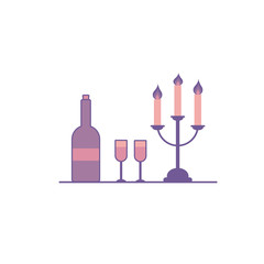 A bottle of wine, wine glasses and high three burning candles on a candlestick. Illusion on an isolated white background in a flat modern style in purple-tone tones. Icon for registration of holidays.