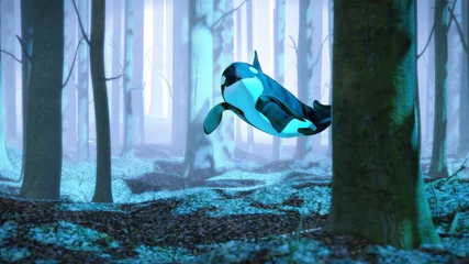 Killerwale schwimmen im Wald, Orca fliegt in nebliger Landschaft, surreale 3D-Darstellung © dottedyeti