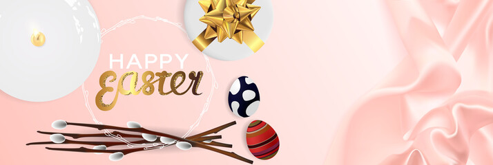 Happy Easter realistic horizontal banner flat lay top view