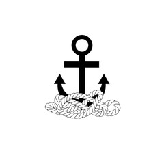 Black anchor icon with rope on white background. Line icon of anchor on a white isolated background.