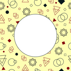  Round frame with a background of geometric shapes. Yellow background with geometric shapes: circle, square, triangle. Illustration.