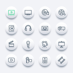 video, audio icons set, linear style