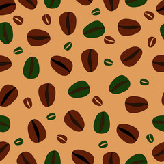 Brown and greencoffee beans on a orange background.Seamless pattern. 