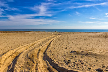 Traces of car tires on the sand of the sea beach. Car tires prints on sea sand during the day