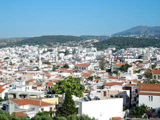 View from Fortezza above of Greek city Rethymno, harbor and Aegean Sea in the summer