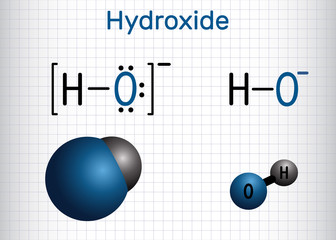 Hydroxide anion. Structural chemical formula and molecule model. Sheet of paper in a cage