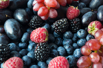 Background of fresh fruits and berries. Ripe blackberries, blueberries, plums and raspberries. Mix berries and fruits. Top view. Background berries and fruits. Black-blue and pink food.