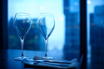 empty wine glasses restaurant interior serving / beautifully served glass wine glasses