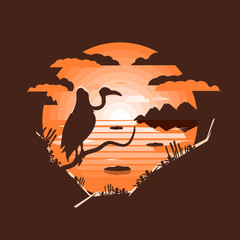 Wild west landscape. vulture sitting on the branch.Negative space illustration