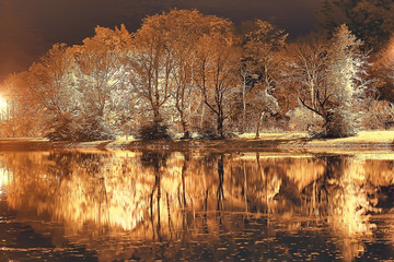 Panele Szklane Podświetlane  nocny jesienny krajobraz parkowy / piękna noc w miejskim parku z żółtymi drzewami