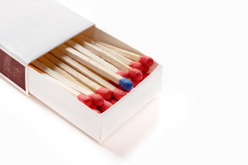matchbox with one blue matchstick other in red on white with clipping path