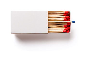 top view matchbox with one blue matchstick other in red on white with clipping path