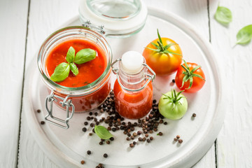 Top view of ingredients for passata made of tomatoes