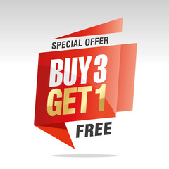 Buy 3 get 1 free speech bubble gold white red black sticker icon