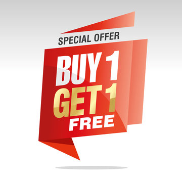 Buy 1 get 1 free speech bubble gold white red sticker icon