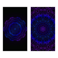 Invitation Or Card Template With Floral Mandala Pattern. The Front And Rear Side. Vector Illustration. Blue color on black background