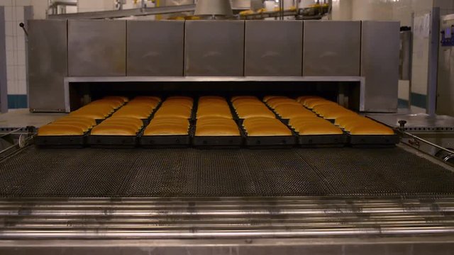 Timelapse shot of freshly baked white loaves moving out of oven along rollers & conveyor through production line warehouse factory & up production line in background.