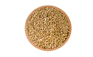 raw buckwheat in wooden bowl isolated on white background. nutrition. food ingredient.top view.