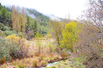 Sierra del Segura, Albacete, España  Nubes, lluvia y frío en un día lluvioso y frío de primavera que llega tarde la llegada del buen tiempo